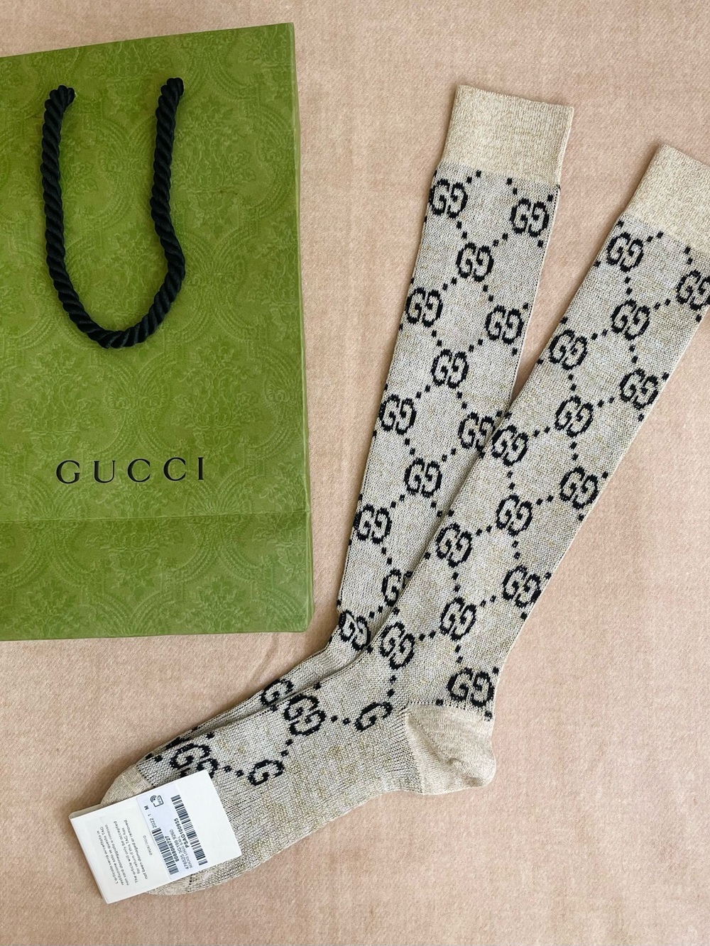 Gucci GG Beige Logo Knee-High Socks with metallic gold threads size M